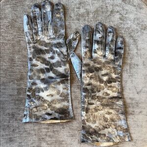 Leopard Hand Painted Blue Silver Black Leather Vintage Gloves.